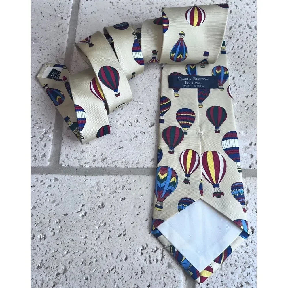 Cherry Blossom Festival Hot Air Balloon Silk Neck Tie Yellow Blue Red